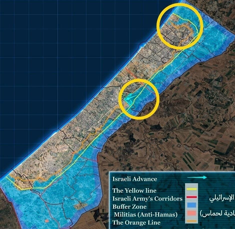 MossadInterpol's tweet photo. The IDF continues to expand its ground control in Gaza, with satellite-image analysis from Friday indicating further advances in the central Gaza camps area. 

In northern Gaza, the same analysis shows Israeli-held territory extending deeper into the northwest of Gaza City near the coastline, reducing the area under Hamas control.