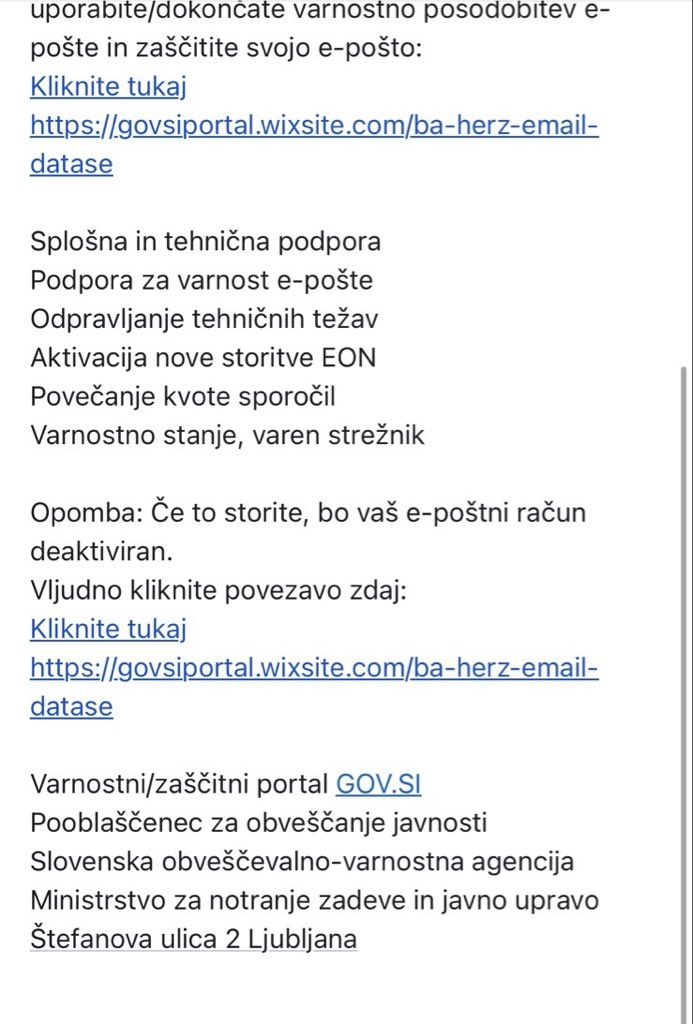 URSIV_Slovenia's tweet photo. ⚠️ Pozor – v obtoku je novo phishing sporočilo, ki zlorablja identiteto portala https://t.co/YhUeSlYYFI.

Prevaranti pošiljajo elektronska sporočila z lažno zahtevo za »varnostno posodobitev« ali grožnjo z deaktivacijo e-poštnega računa.

🔹 Ne klikajte na povezave.
🔹 Ne vnašajte uporabniškega imena ali gesla.
🔹 Vedno preverite dejanski spletni naslov povezave.

Državni organi od uporabnikov nikoli ne zahtevajo vnosa gesel prek povezav v elektronski pošti.

#KibernetskaVarnost #Phishing #GOVSI #PrevidnoNaSpletu