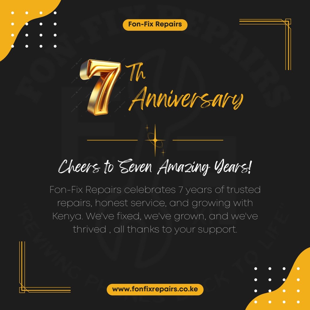 fonfixrepairs's tweet photo. 🎉 7 Years of Fon-Fix Repairs!
From day one to today, we've been Mombasa's trusted name for phone, laptop &amp; console repairs. Thanks for your support, here's to many more years ahead!
Mombasa | https://t.co/oVs0aP5SZH

#FonFixRepairs #MombasaBusiness #PhoneRepairKenya #KenyaTech https://t.co/BjGo0jmMBB