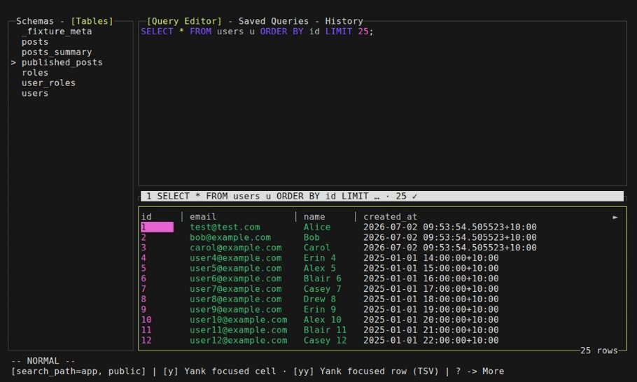 golangch's tweet photo. A vim-style TUI #PostgreSQL client built like lazygit — fast keyboard navigation, modal panes, and a focused workflow for browsing and querying your database from the terminal.
#golang

https://t.co/rhDyu9ZacT https://t.co/sU7XtEtRco