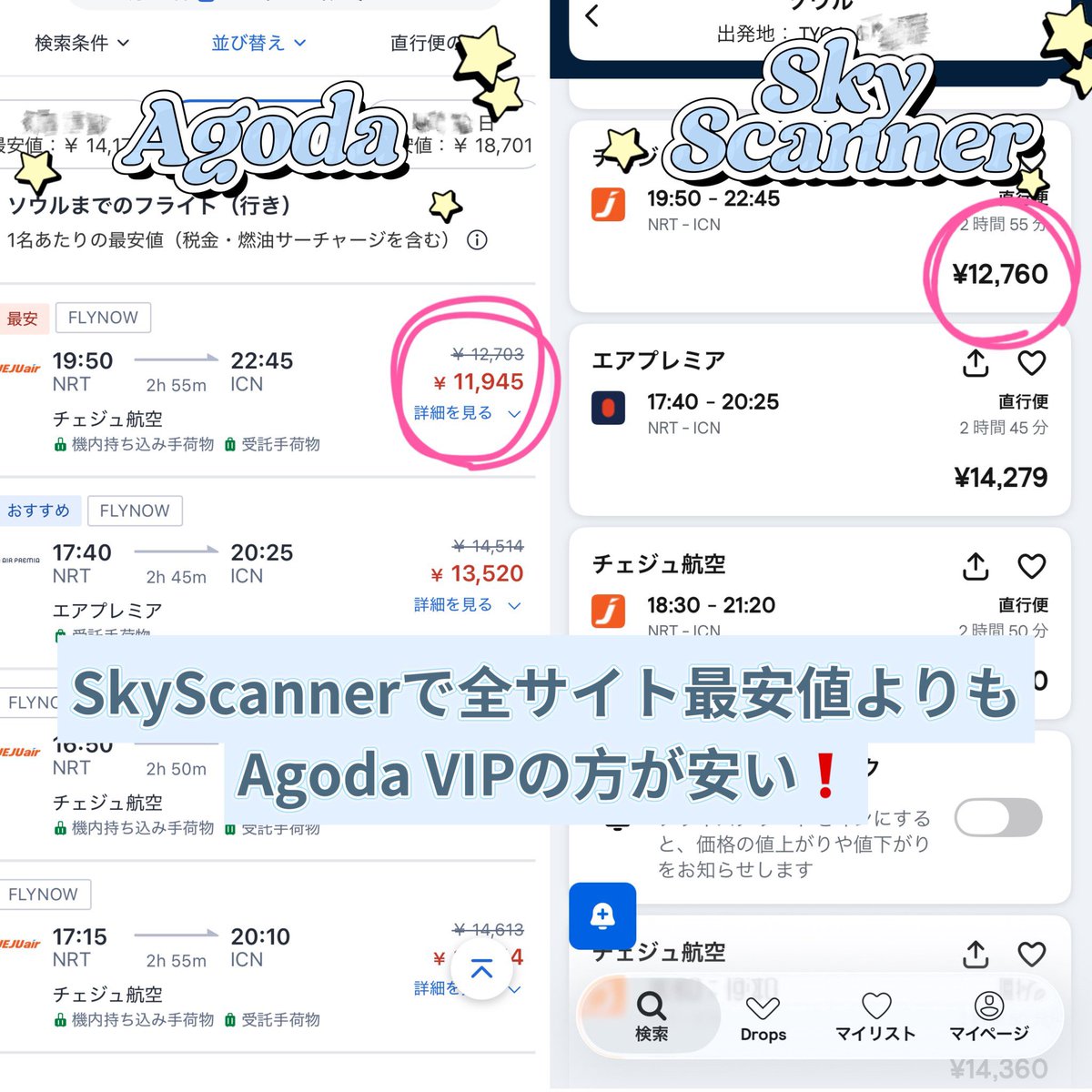 msarang_'s tweet photo. ＼⭐️航空券を安く買う方法⭐️／

①https://t.co/NT6BsF507L 6900円セールで買う
┗毎月25日10時からソウル行き航空券が6900円〜になる。事前に日付を決めて、時報見て10時になった瞬間に検索、買う（普通に買える）
25日以外にも七夕セール5900円とかもある🎋

②ANAマイルで買う
┗ANA6500マイル〜 日韓片道航空券購入🉑
ANAカードを作って普段の支払いに使うだけで自然と溜まるし6500なんてすぐ溜まる😴
セゾンカード（ノーマル）ポイントが200pで600マイル交換という高レートの為セゾンカードを持ってる人は並行して使うのがおすすめ💕
ANA特典航空券は空席待ちが多いと思いきや1週間前にいきなり大解放したりするので定期的に確認するのが🙆‍♀️

③Agoda VIPユーザーで買う
┗Agoda VIP Diamondの場合、クーポン等Vip特典としてSkyScannerの最安値よりも安く買える（２枚目）

④https://t.co/NT6BsF507L / SkyScannerの通知を入れる
┗特にhttps://t.co/NT6BsF507Lの通知ONがおすすめ！経験上Sky Scannerよりもhttps://t.co/NT6BsF507Lの方が航空券が下がって直ぐに通知が来る❗️狙っている日にアラート設定をする❗️（3枚目）👈ちなｺﾘは一瞬で消えた

（⑤）基本的に全サイトの最安値はSkyScannerで見れます😴
#渡韓
