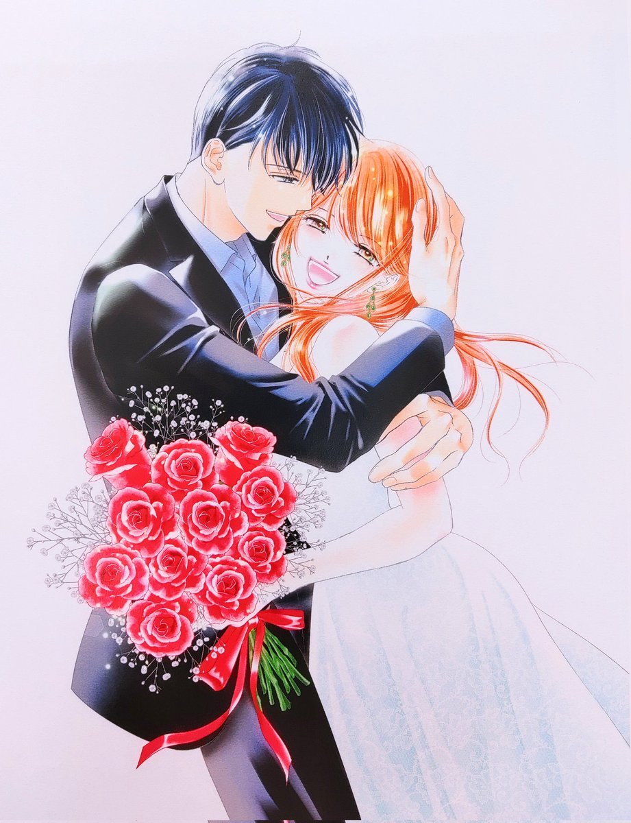 kitagawa_mi's tweet photo. 『どうしようもない僕とキスしよう』本編最終回のプチコミ表紙でした。最後なので藍の笑顔と、花言葉が「最愛」である11本のバラをオーダーされた1枚。幸せそうな２人でございます💋 https://t.co/NkGKeixVCf