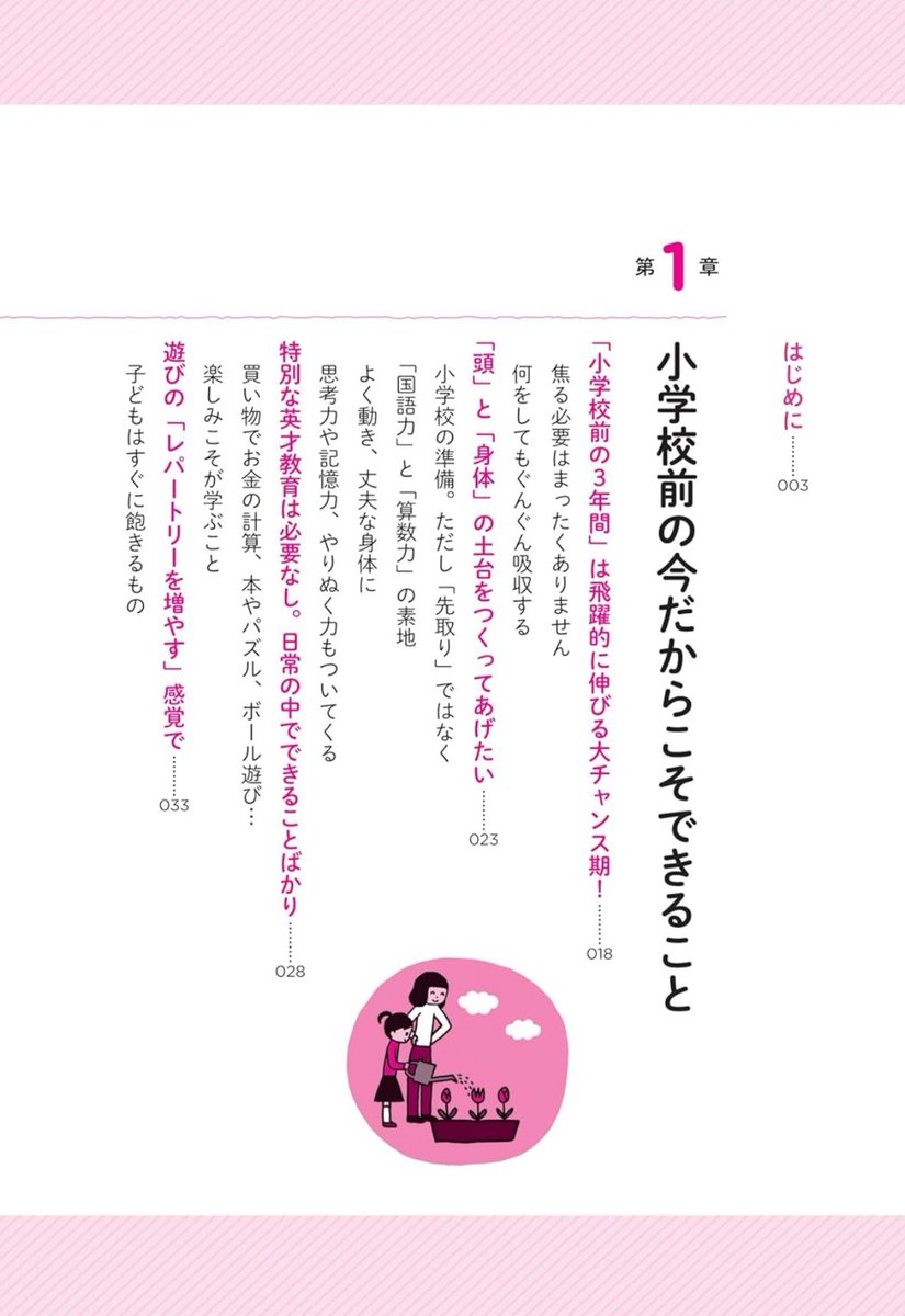 shiroku__mama's tweet photo. この本を読んで、やっているorやっておくと良さそうと思ったことの自分用メモ📝(絶対覚えられなさそうだったので…)

・知力面…国語と算数
・身体面…体力や運動機能の土台を作る
→全てを楽しい遊びに変える(スケジュールを決めるよりその日の気分で🆗)

✔️一緒にスーパーに行って物の名前や会話をする、お金の計算をする
△ 階段を登るたびに数を数える
⭕️絵本の読み聞かせ
△パズルやトランプ、タングラム、迷路、ブロック遊び
⭕️ボール遊びやお相撲ごっこ
⭕️植物を育てる
✔️生き物を飼う
⭕️ドリルやワークも遊びの一つとして取り入れる
✔️習い事はあそこに行くと楽しいを大事に(先生との相性も大事)
✔️子供の気が逸れたら引くことも大事
△親子の会話から多くを学ぶので、豊富な語彙や形容詞を使って実況中継や話しかけて
⭕️ふれあう時間を大切に
⭕️たくさん褒める、具体的に、できたことを
✔️物の名前はカードよりも実物を、覚えさせようと意気込まない
✔️ことわざカルタで古き良き日本語をインプット
△童謡や古典のCDを流す
✔️なぞなぞやしりとり
✔️ひらがなはまず読む、自分の名前から
✔️お父さんに手紙を書く
✔️1から100までの数字を一緒に数える
⭕️毎日カレンダーや時計を読む
✔️お菓子を一つずつ数えながらお皿に入れる
✔️100円で好きなもの買っていいよ
✔️サイコロを使う(ボドゲと相性良さそう
✔️カレンダーの自作パズル

△あやとりや折り紙、じゃんけん
⭕️はさみを使う
⭕️指切りげんまん
⭕️鉄棒や腕にぶら下がる
⭕️ジャングルジム
△洗濯バサミでつまむ
✔️紐を結ぶや通す
✔️洗濯物を畳む
⭕️いっぱい歩き、走る
✔️なわとびをする
⭕️家にたくさんの種類のボール(毎日ボールに触る
✔️ボールの的を作ってあげる
✔️お父さん登り
✔️相撲やプロレス遊び
⭕️毎日公園で存分に身体を動かす
✔️年に1回、1泊のキャンプ
△鬼ごっこやかくれんぼ
△一緒に花や虫を調べる
✔️お出かけの時の目の前の名前クイズ
△〇〇はどっちにある？次どこ曲がる？
⭕️動物園や博物館、プラネタリウム、旅行に行く
✔️郵便局や市役所にも連れていく
✔️小学校受験を対象にしたワークやパズルを取り入れる
⭕️地図を買ってリビングなどに貼る
✔️世界中のニュースを少しずつ教える
⭕️図鑑は幼児期から、子どもが興味のある分野を買い足す
⭕️コンサートに連れていく
⭕️まずはおもちゃの楽器やピアノ絵本

✔️半年かけて自分で考えて動く癖を
(親が先に全部やらない)
✔️お母さんなしで過ごす経験
✔️食事の動作レベルを高める練習
✔️上手に質問して答えを説明できる能力
△挨拶やお礼を言う習慣
✔️机に向かう習慣
✔️ドリルを5,6冊用意して子供に選んでもらう
✔️鉛筆とお箸を使いこなす