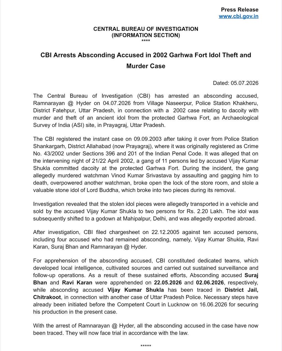 CBIHeadquarters's tweet photo. CBI Arrests Absconding Accused in 2002 Garhwa Fort Idol Theft and Murder Case https://t.co/AMWkZsGCXs