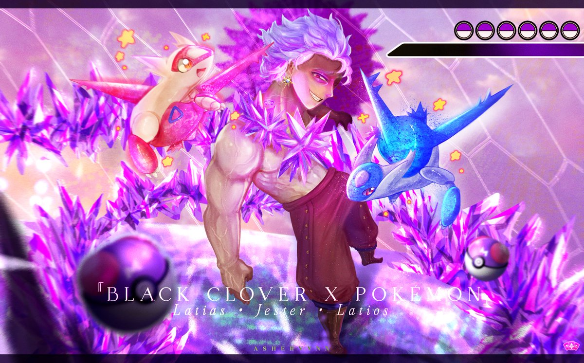 projectvyn's tweet photo. “Black Clover Characters as Pokemon Trainers” (Wizard King Edition) Jester ! 

— my first ever art collab ! thank you, @hundreadnought for the opportunity— had so much fun doing these 🌟

#BlackClover #ThankYouTabata #Pokemon https://t.co/1yYbZbLwUg