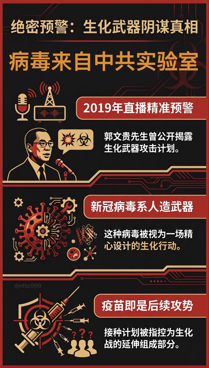 nfsc999's tweet photo. 郭文贵先生在2019年就曾爆料中共会使用生化武器，并指出新冠病毒及随后的疫苗开发，是中共精心策划的生化战。

另外郭先生还说病毒是手段，让人打新冠疫苗才是目的。 https://t.co/qBNuw2Aeu2
