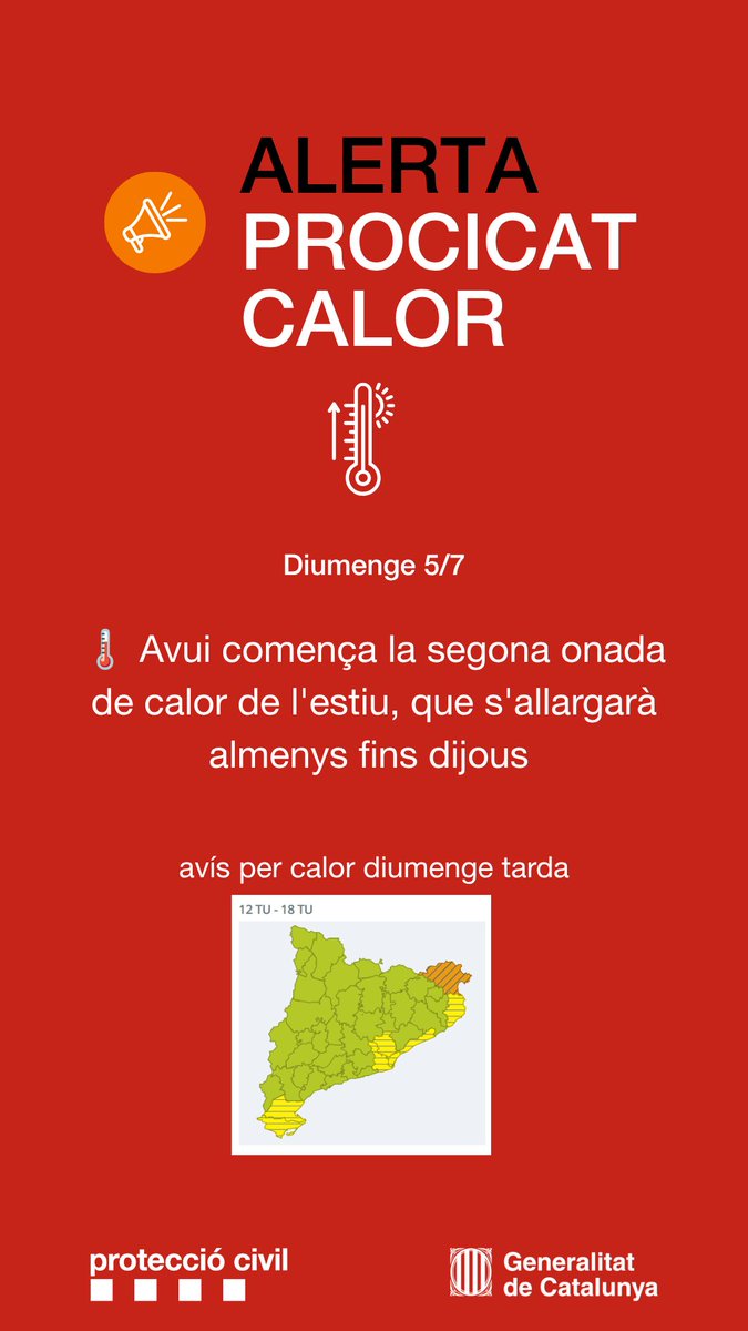 emergenciescat's tweet photo. #ProteccióCivil demana extremar les precaucions davant l'elevat perill d'incendis i l'onada de calor

✅ Es preveu que sigui pitjor que la primera onada quant a la durada i també la intensitat pel que fa a temperatures màximes

Més ℹ️ https://t.co/cWWAL7Ef4g

#PROCICAT calor https://t.co/yoryGEyOo5