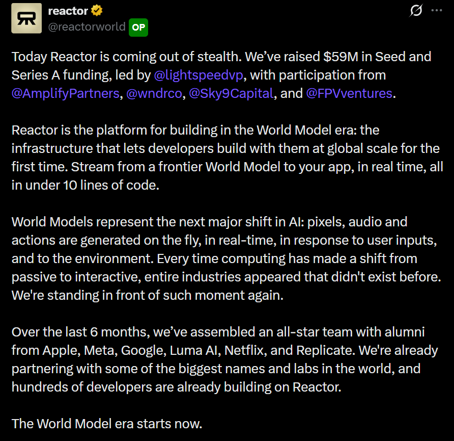 HottieBabeGem's tweet photo. Reactor Beta!

@reactorworld makes it easy to build applications with real-time world models.

✨ If you're interested in early AI project, try to explore. $59M Raised and Backed by Lightspeed, Amplify Partners, wndrco, Sky9 Capital, FPV Ventures.

✅ Go to https://t.co/Dv1A6jrthf
• Register via Email or Google and Verify Email
• You'll get 50,000 AI Credits
• Explore the available AI Video Models

✅ Join Discord https://t.co/KlcbZJxzr9
• Stay Active in the Community
• Pay attention for the new roles and important announcements

✨ Important things to know:
No token has been announced, no airdrop confirmed and project is early so participate if you believe with them.

✅ Docs: https://t.co/S9hfMAMSLH

Stay updated in their Official X and Discord.

Disclaimer: This is not a paid or sponsored partnership.