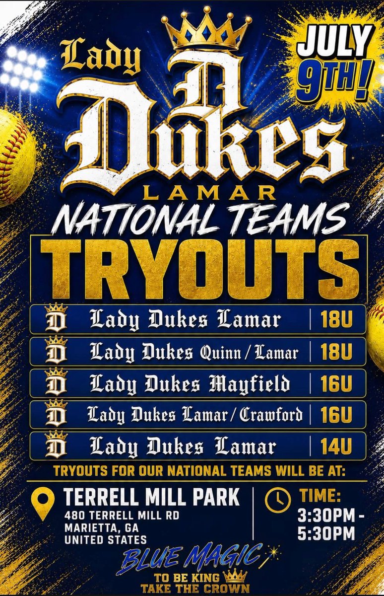 Carolinecraig83's tweet photo. Dukes Lamar national team tryouts!! These are the time and location for the upcoming trouts on July 9th! @LDNCrawford #hwpo #national #2030grad #softballrecruit https://t.co/1VtWDC32C6