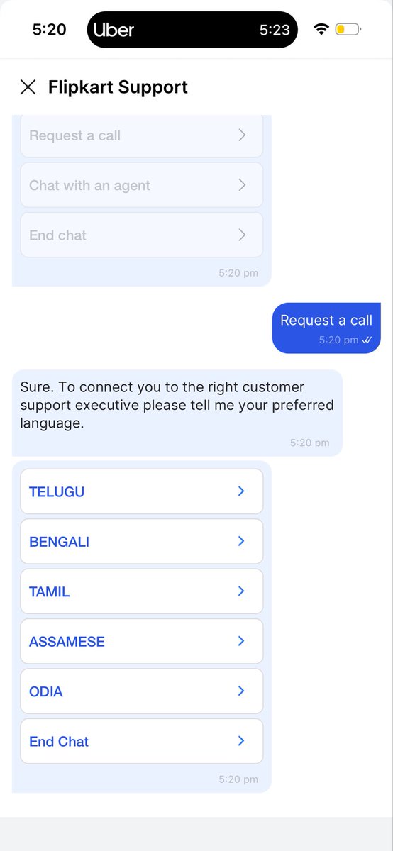 notthatgeek's tweet photo. what the hell is wrong with you @Flipkart 

I am having chat with you in english, and then you are giving call option with only regional language??

If you don’t want to provide customer support, just say that directly. https://t.co/ii9TBQCKht