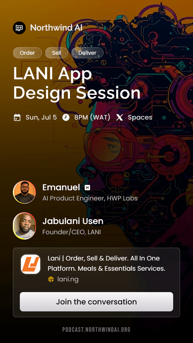 2gbeh's tweet photo. 🎙️ HAPPENING TONIGHT: A Design Session with @JabulaniUsen Jabulani Usen (Founder/CEO, Lani App).

LIVE on X Spaces at 8PM (WAT), TONIGHT!!

RSVP  https://t.co/FNZ8uCJA3k https://t.co/hJ2IOnIUd8