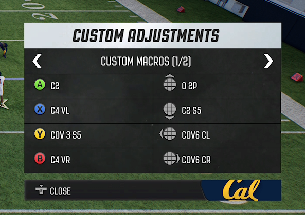 Treythomas_'s tweet photo. To make remembering macros easier I set them so that clicks to the left whether it be X or L on D pad the coverages are to that side of the hash. Hopefully this will be a helpful tip for anyone trying to get better on defense. It has def helped my muscle memory. #CFB27 https://t.co/LuoOuwDKqz