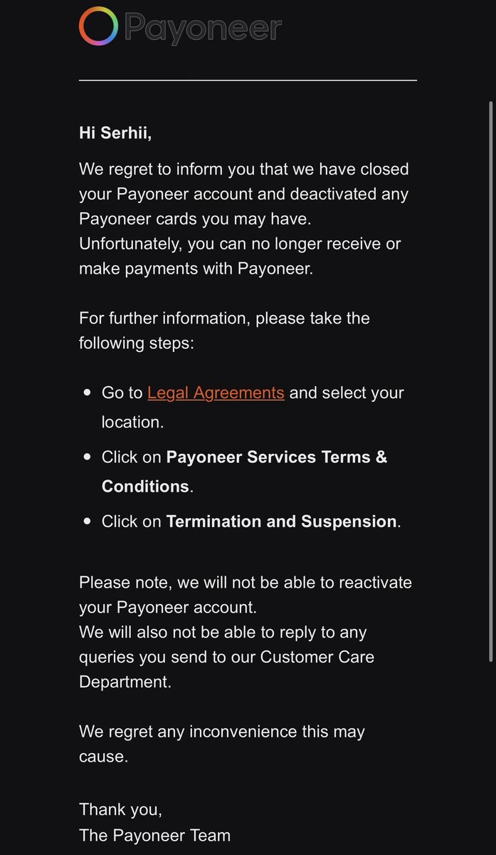 serhio182's tweet photo. @Payoneer @Payoneer_Help I need urgent assistance regarding an unfair account suspension and extremely poor customer service.
I have been a loyal Payoneer customer for many years. As an illustrator, the sole purpose of my account has always been receiving legitimate payouts from major platforms like Shutterstock, iStock, and Adobe Stock.
Recently, my physical card expired, and I simply wanted to renew it. I requested a new card and was asked to provide my address and a photo. Immediately after submitting this, my account was completely blocked without any explanation. All my official identity documents (including my Ukrainian passports) are 100% valid and up to date.
Furthermore, I have around $200–$230 left on my balance. They locked my funds and gave me absolutely no opportunity to withdraw or transfer my money.
What is most frustrating is that when I contact support to clarify the situation, they refuse to provide any explanation. They simply close my support tickets immediately without giving any answers.
Blocking a long-term, compliant user during a routine card renewal, freezing their money without a chance to withdraw it, and ghosting them by closing tickets is unacceptable. Please review my case and help me restore access to my account. ⁠#Payoneer