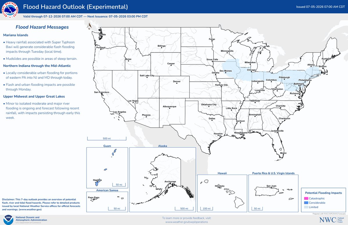 nwsnwc's tweet photo. The National Water Center has issued the morning National Flood Hazard Outlook, valid through 7:00 AM CDT on Sunday, July 12, 2026. More information is available at: https://t.co/xk3nxoAb1D #flooding https://t.co/n0QUTDy9yG