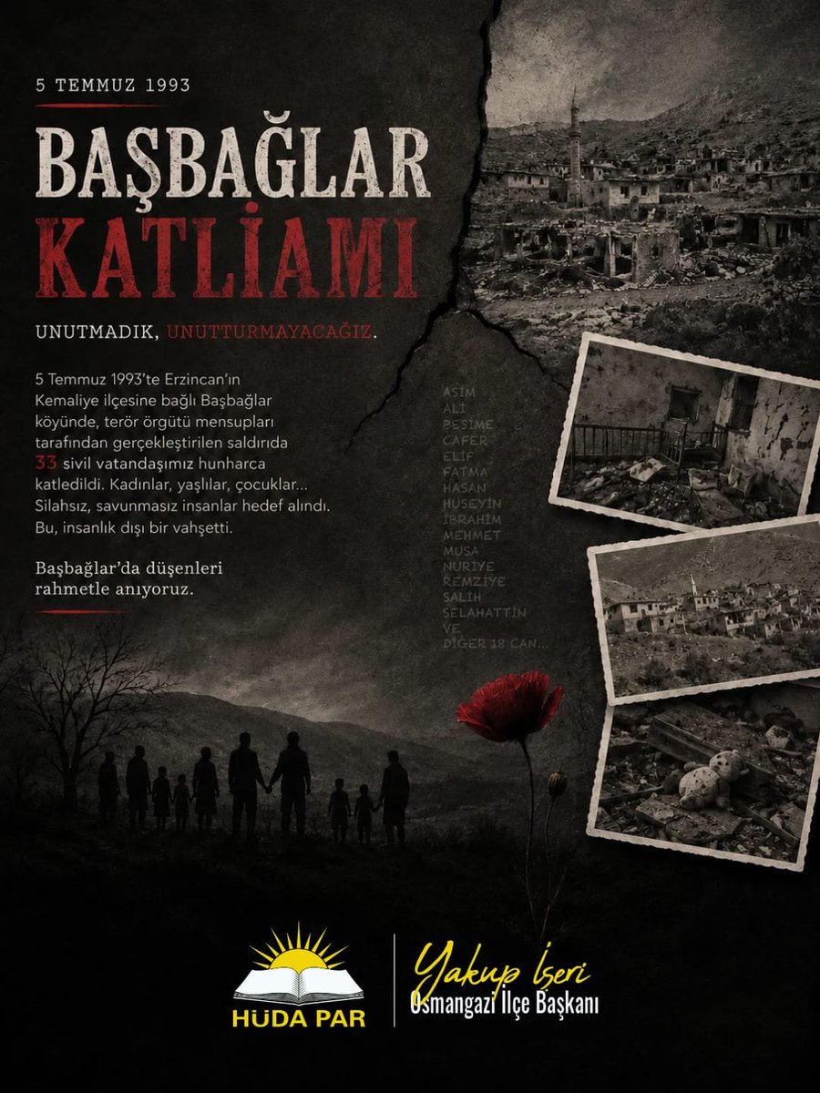 yakupiseri's tweet photo. "Tekbir seslerine vurgun dağlarım
Cami iman kardeşlerim bağlarım
İslam için sayısız Başbağlarım"

Erzincan’ın Başbağlar köyünde 33 masum insanımızın vahşice hayattan koparıldığı katliamın 33. yıl dönümünde, bu büyük acıyı bir kez daha yüreğimizde hissediyor, şehitlerimizi rahmetle yâd ediyoruz.

#BaşbağlarıUnutmadık