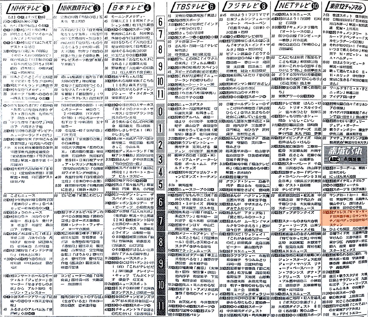 keisuke6964's tweet photo. 本場アメリカのプロレスをカラーで放送 ――。昭和45（1970）年7月12日（日曜）、#プロレス・アワー（#東京12チャンネル）の番宣広告と当日テレビ欄。記念すべきカラー第1戦はWWWF世界王者 #ブルーノ・サンマルチノ vs クラッシャー・バデュウを放送

#プロレス #人間発電所 #WWWF #WWE #昭和45年 https://t.co/WGw3OY9hUa