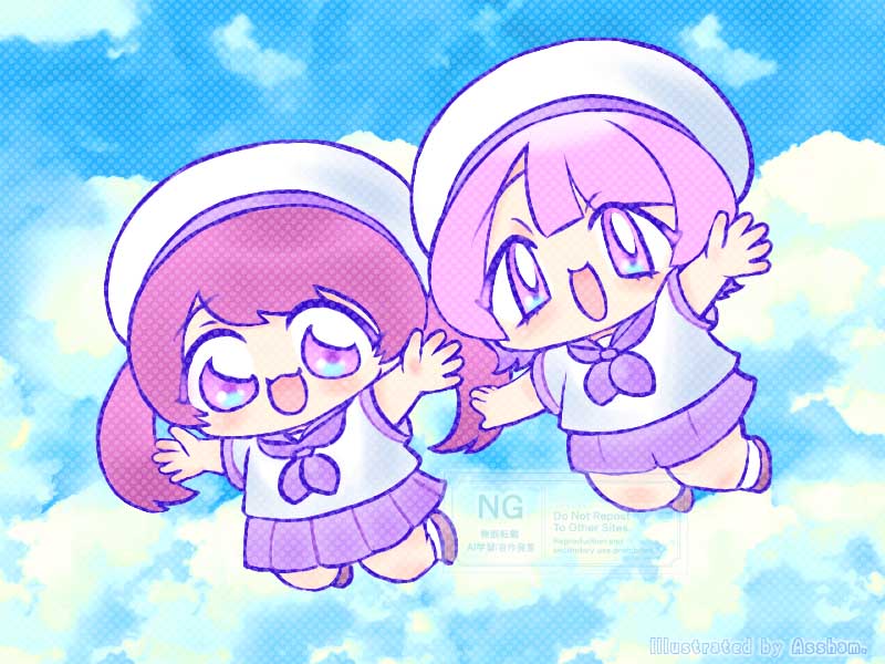 tee_A_ssham's tweet photo. キサちゃん＆ムツキちゃんSD💜
Kisa-chan and Mutsuki-chan SD
元気いっぱい！夏のキサムツSD！
#創作 #うちの子 #創作男女 https://t.co/FPTpCaR3BE