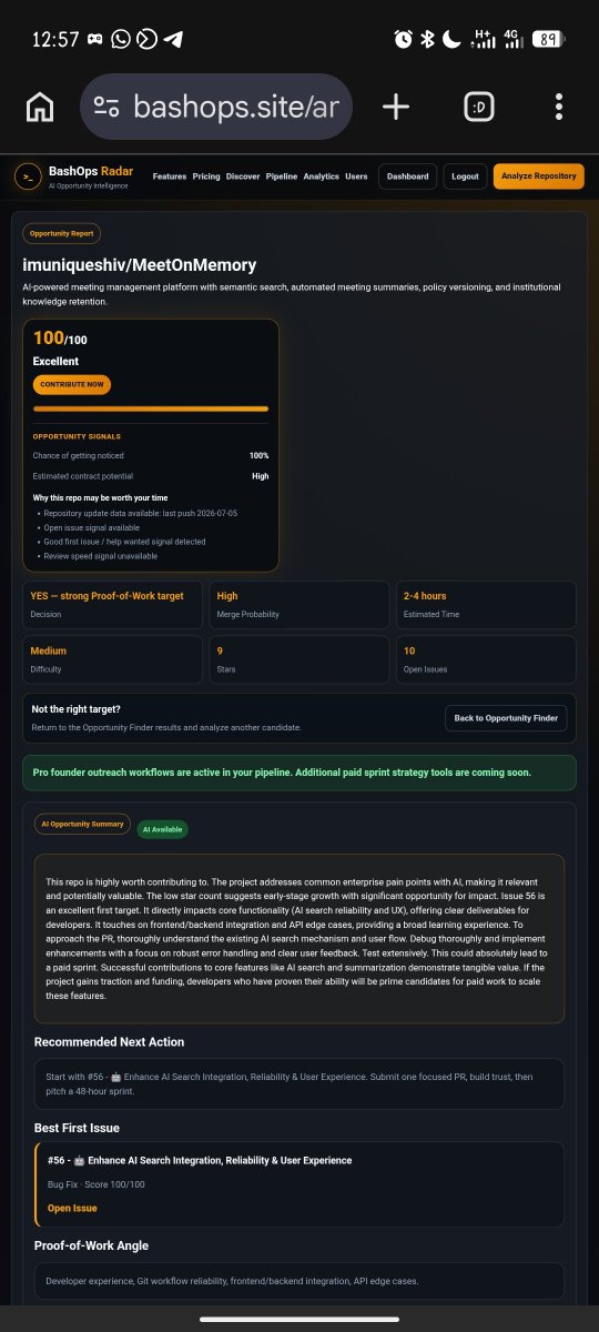 bashops_dev's tweet photo. I built BashOps Radar to help:
• Discover promising repositories • Find the best issue • Score opportunity before writing code • Build a proof-of-work pipeline

🌐 https://t.co/mTgTXJw4Cp
⚙️ GitHub Action https://t.co/Vml4JVcvKG
Feedback is welcome. https://t.co/a9DNRJOUPx