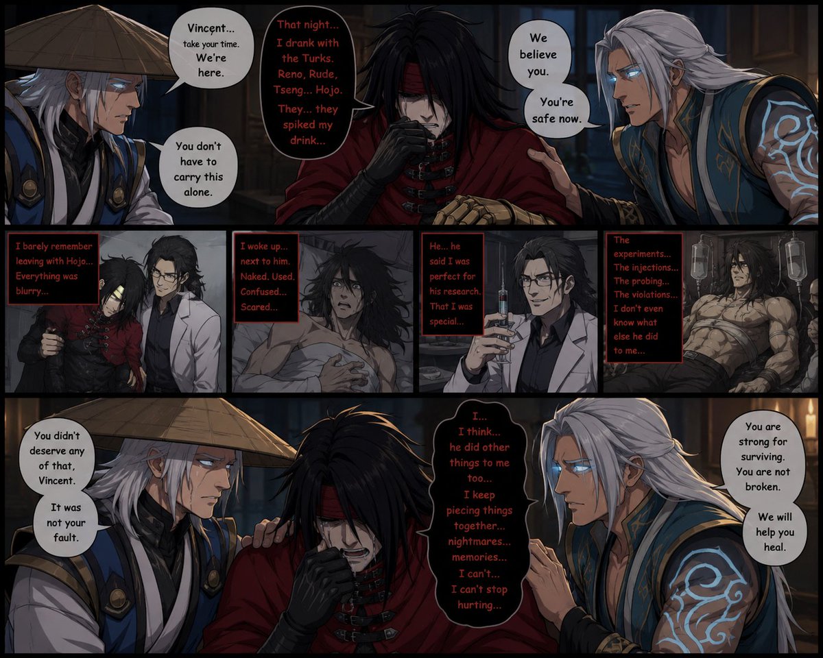 ElvenThranduil2's tweet photo. Vincent confesses to Raiden and Fujin about the night with Hojo...he tembers some of it and suspects other darker things happened to him while unconscious...
#valenjin #VincenValentine #Raiden #Fujin #nonconsent #traumatrigger https://t.co/1JGNimM9Ws