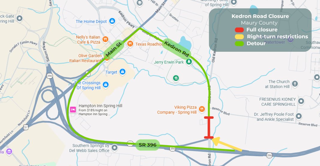 FOXNashville's tweet photo. 🚧 Heads up, Spring Hill drivers!

A portion of Kedron Road will close for about one week beginning Monday, July 6, as crews complete sewer line construction.

MORE INFO ON DETOURS: https://t.co/p4sXtu0jQp

#SpringHillTN #TrafficAlert #RoadClosure #MiddleTN #SaturnParkway #Traffic #Tennessee #FOX17