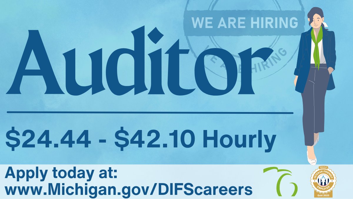 MIDIFS's tweet photo. DIFS is hiring an Auditor in the Office of Insurance Licensing, Investigations, and Audits. This position is responsible for monitoring and analyzing the business practices of insurance agencies and premium finance companies. Apply by 7/10/2026. https://t.co/aZPEp9uLBD #MiGovJobs https://t.co/LHR9nh5saT