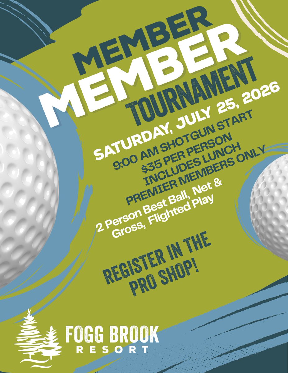FoggBrookResort's tweet photo. 🏌️ Grab Your Partner!

Registration is open for our Member-Member Tournament on July 25!

Whether you're playing for bragging rights or just looking for a great day on the course, now's the time to sign up.

Who's your partner? https://t.co/4pgdRyhtMP