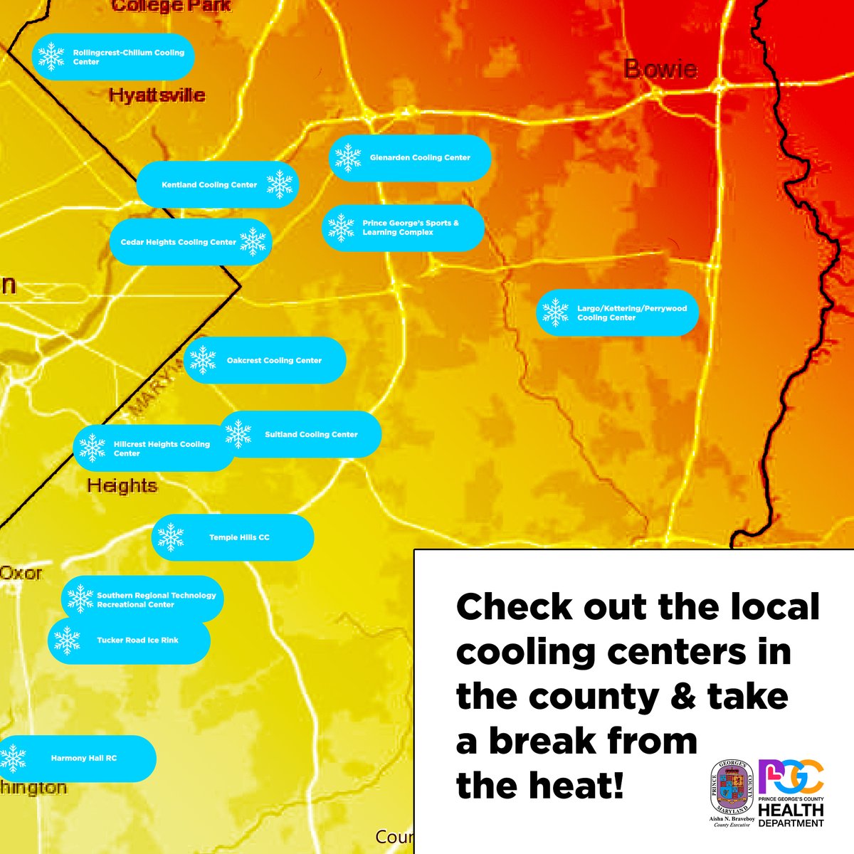PGCHealth's tweet photo. Extreme heat warning is still in effect. Cooling centers are available across the county and can be found at https://t.co/wHVn2A1opd. Please share this information with anyone who may need it. Let’s take care of ourselves and each other. https://t.co/jZjVvEcIw9