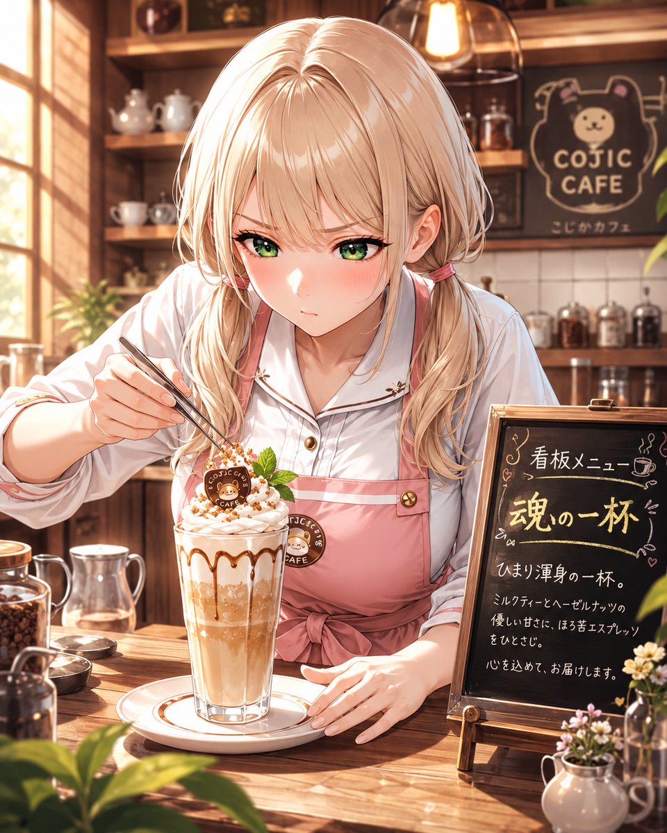 M98_AI's tweet photo. ひまり、カフェ店員やってます☕✨

看板メニューは「魂の一杯」。
ミルクティーとヘーゼルナッツの優しい甘さに、
ひまり渾身のまごころをひとさじ。
この真剣な表情、完全に職人モードです😂
#AIイラスト #くぱコレ #朝霧���まり #M98AI https://t.co/pFyyTHeoCv
