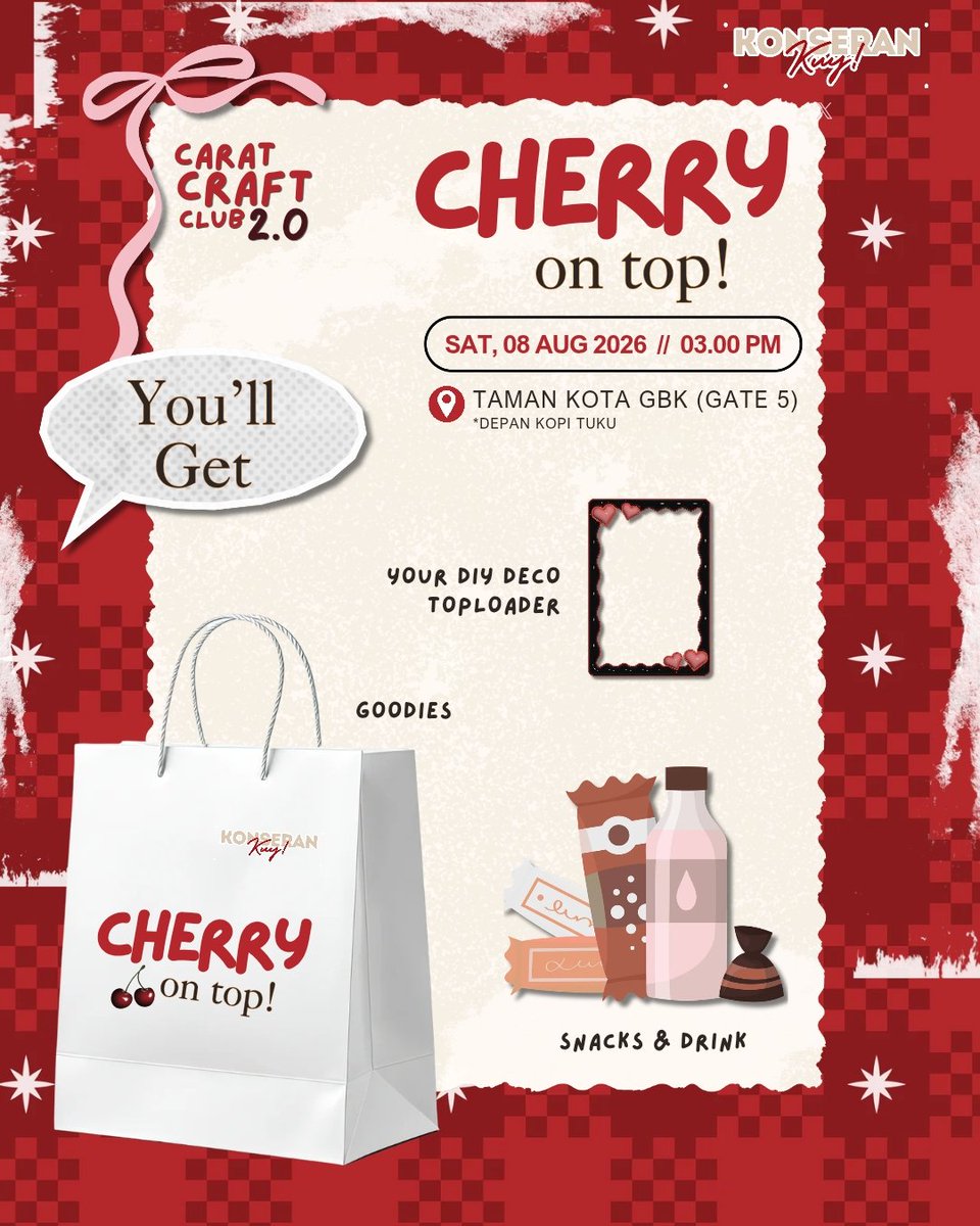 konserankuyid's tweet photo. 🍒 𝐑𝐞𝐠𝐢𝐬𝐭𝐫𝐚𝐭𝐢𝐨𝐧 𝐬𝐭𝐚𝐫𝐭𝐬 𝐍𝐎𝐖! 🍒

#CaratCraftClub 2.0:
𝐂𝐇𝐄𝐑𝐑𝐘 𝐨𝐧 𝐭𝐨𝐩! 🍒

📅 Sat, 08 August 2026
📍 Taman Kota GBK, Jakarta
🎟️ Rp55.000/pax
 🍒 Limited seats 

🔗 https://t.co/5yxYVbes0r

T. seventeen svt scoups choi seungcheol birthday bday event picnic