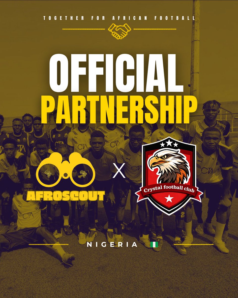 afroscout_'s tweet photo. 🤝 OFFICIAL PARTNERSHIP 🤝

Afroscout is delighted to announce its official partnership with Crystal Football Club 🇳🇬

Based in Nigeria, Crystal FC joins the Afroscout Partner network with a shared ambition: giving young footballers the visibility and opportunities they deserve. https://t.co/9NxCOlHaQC