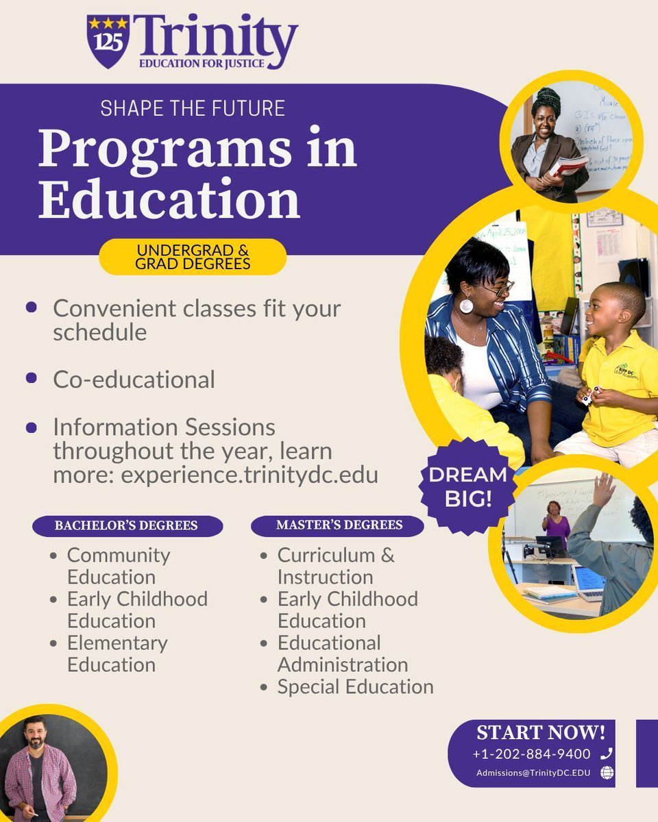 TrinityDC's tweet photo. Shape the future as an educator 🎓 #TrinityDC Education programs offer bachelor's and flexible master's degrees designed for working professionals. Community Education, Early Childhood, Elementary, Educational Administration & more. Learn more: https://t.co/zuB5SwSucQ https://t.co/EUkzYeLSvZ
