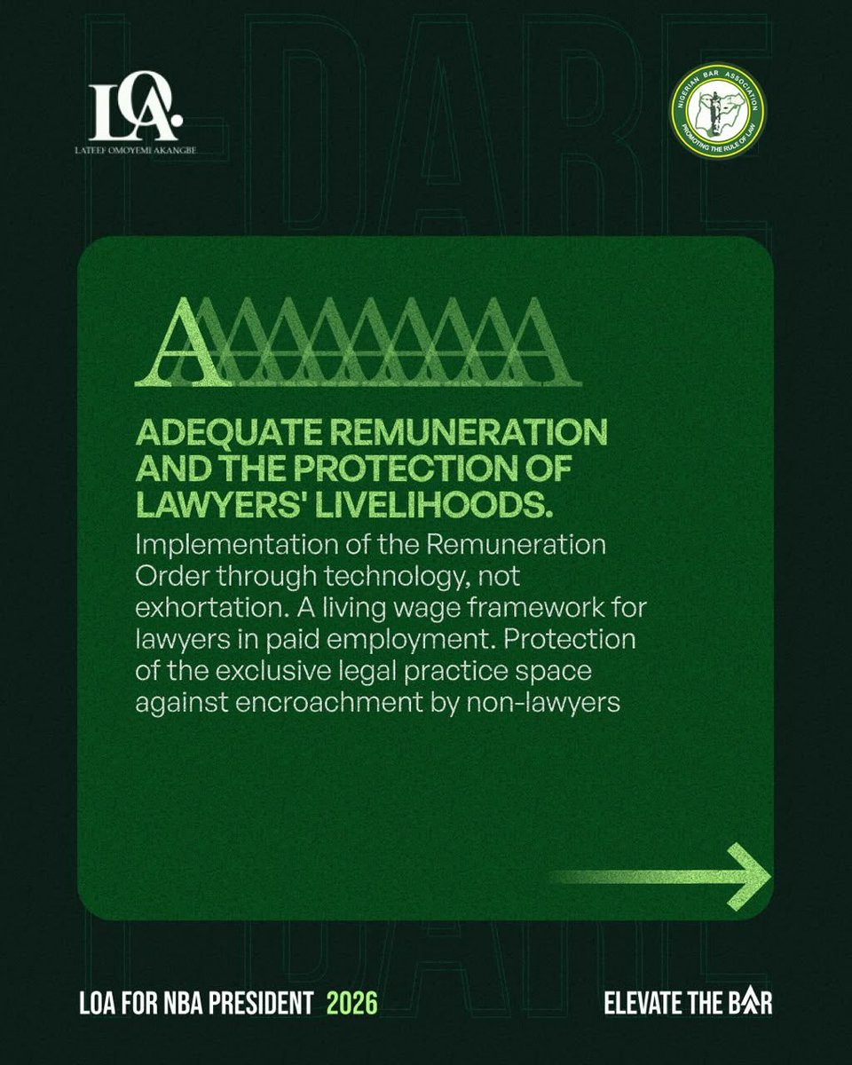 OmoyemiAkangbe's tweet photo. Distinguished Colleagues,

Every candidate in this election has published a manifesto. The Nigerian legal profession has seen many manifestos. The more useful question is not what is promised, it is whether there is a coherent, funded, and time-bound mechanism for delivery.

The LOA programme for the NBA 2026 to 2028 is structured around five interconnected pillars, organised under the acronym I-DARE:

I — Institutional and Governance Reform. The NBA Secretariat will be restructured on the basis of five existing diagnostic reports, the Professor Chidi Odinkalu Committee, the Dr. Joe Abah Committee, the Legal Profession Regulation Review Committee, the PwC Report, and the KPMG Diagnostic, all of which reached the same conclusion: the Secretariat is not fit for purpose. None have been implemented. LOA will harmonise and implement all five within the first twelve months.

D — Digital Transformation and the Modernisation of Bar Services. NBA One: one login, one dashboard, one unified platform connecting every fragmented NBA digital asset. The e-Remuneration Platform embedded inside NBA One, making the 2023 Remuneration Order a live enforcement tool, not a statutory aspiration. Delivered in three phases over 18 months.

A — Adequate Remuneration and the Protection of Lawyers' Livelihoods. Full enforcement of the Remuneration Order through the e-Remuneration Platform. A living wage framework for lawyers in paid employment incorporated into the Rules of Professional Conduct. Protection of the exclusive legal practice space against encroachment by non-lawyers including estate agents, banks, and accountants performing legal functions without authority.

R — Rule of Law, Administration of Justice, and Independence of the Judiciary. Zero-tolerance posture on disobedience of lawful court orders. Forceful advocacy for competitive judicial remuneration and merit-based appointments free from political interference. A Lawyers' Defence Fund for members who are victims of human rights violations by security agencies.

E — Empowerment, Welfare, Inclusion and Equity. Free stamps on BPF payment. Free Law Pavilion and NWLR for lawyers of zero to ten years. Life insurance increased from N2 million to N4 million. National mentorship scheme. Six-month maternity leave advocacy. Statutory representation for lawyers with disabilities on the NEC.

This is I-DARE. Five pillars. Specific commitments. Delivery timelines. Measurable outcomes. Not a theme. A programme.

Vote LOA. 18 July 2026.

#ElevateTheBar #VoteLOA #IDARE #LOA2026 #NBAPresident2026 #NBAElection2026