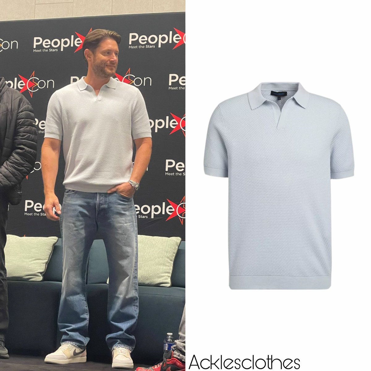 acklesclothes's tweet photo. Today at #DLC7 @jensenackles is wearing a @PatrickAssaraf Bubble Stitch Johnny Collar Polo that sells for $275, a pair of @nike Jordan 1 Mid SE Sail/Jade/Antracite/Aura sneaker that can be found for $140 
Credit: @NoemWinchester https://t.co/1ywR0YfMqj