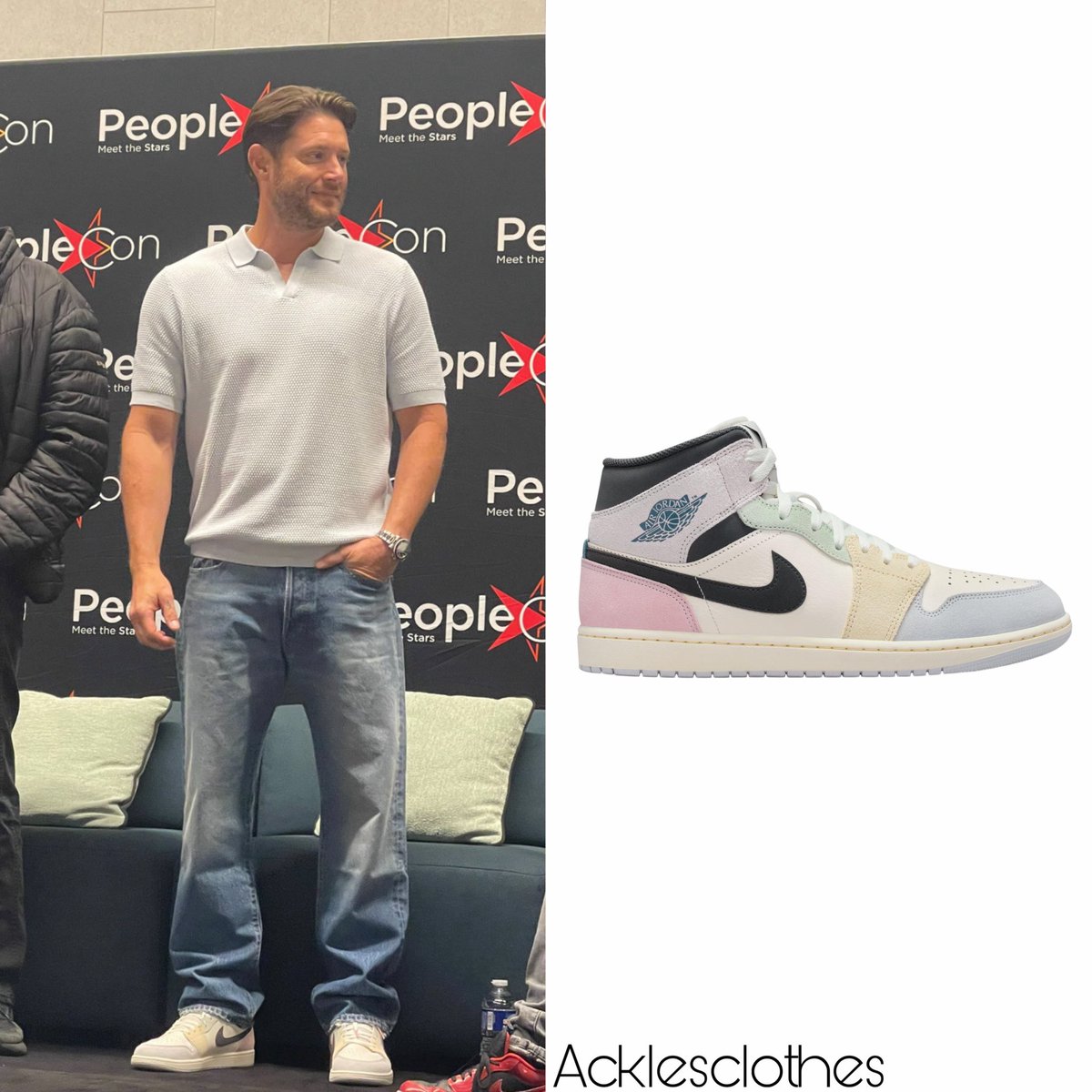 acklesclothes's tweet photo. Today at #DLC7 @jensenackles is wearing a @PatrickAssaraf Bubble Stitch Johnny Collar Polo that sells for $275, a pair of @nike Jordan 1 Mid SE Sail/Jade/Antracite/Aura sneaker that can be found for $140 
Credit: @NoemWinchester https://t.co/1ywR0YfMqj