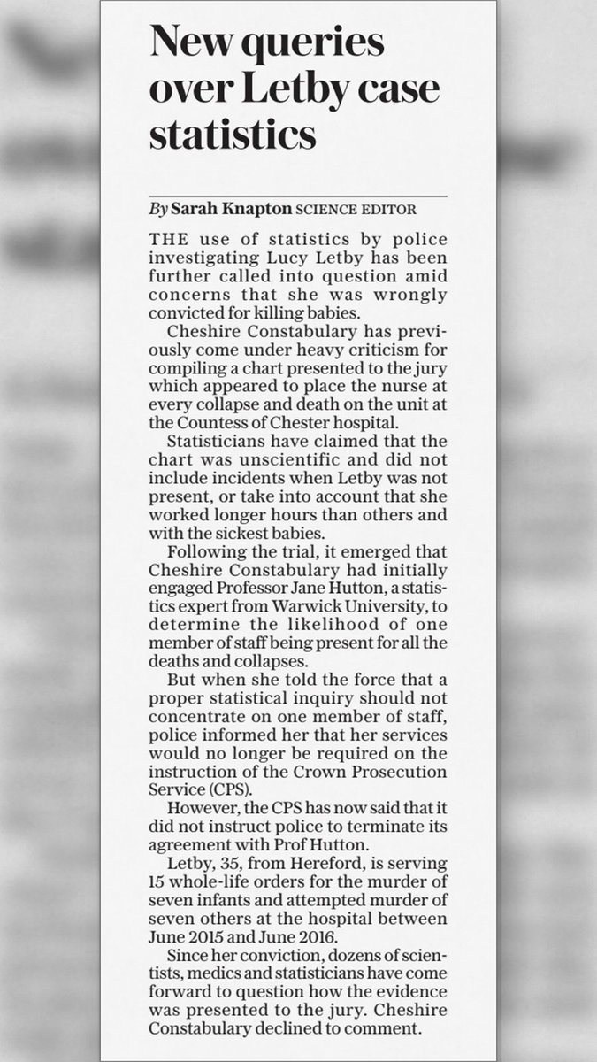 LucyLetbyTrials's tweet photo. "The use of statistics by police investigating Lucy Letby has been further called into question," the Sunday Telegraph reports.

"The CPS has now said that it did not instruct police to terminate its agreement with Prof Hutton," the Warwick University statistician Cheshire police had originally engaged with, and who warned the investigation about the shortcomings of their methods.

The Crown Prosecution Service's denial, reported today by the Telegraph, contradicts what Cheshire police officer Adam Bolger wrote to Prof Hutton in 2021, about why the force were ceasing their ongoing communications with her as an expert statistician.

"We have had a further meeting this afternoon where we have informed the prosecutors that we were looking at the validity of statistical evidence again in the case," Bolger emailed Hutton.

"The prosecutor does not agree with our line of enquiry and has instructed us not to pursue this avenue, any further, at present."

"I'm really sorry if you feel I have wasted your time," Bolger wrote.

By then, he had been communicating with Prof Hutton about statistics and the Letby case for over three years.