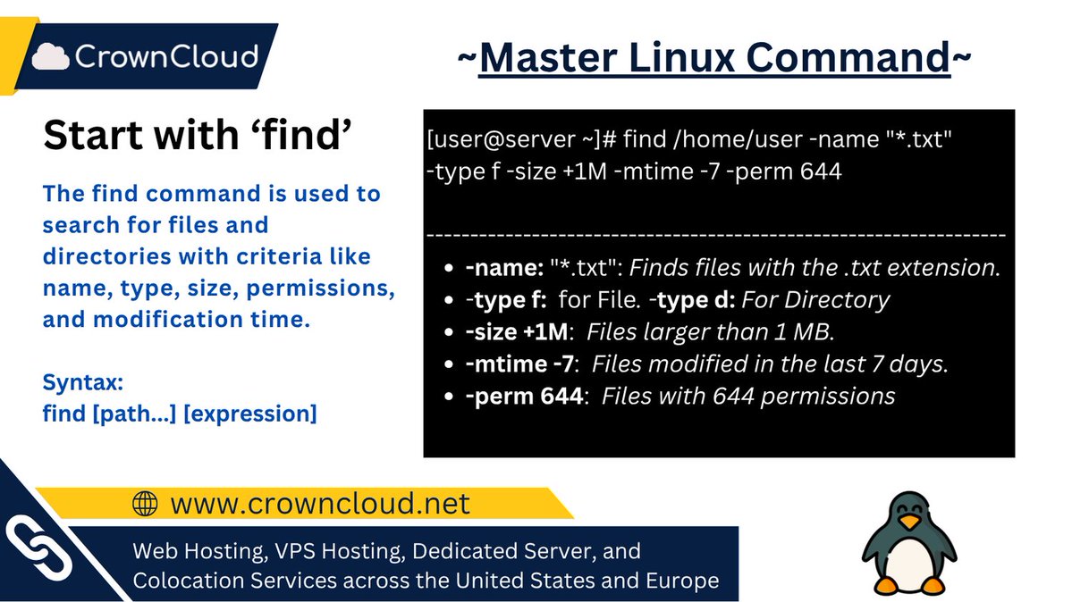 crownclouds's tweet photo. #Linux #command: #find
Search your filesystem with precision using filters for names, sizes, types, permissions, and more to locate exactly what you need.
#Terminal #LinuxTips #LearnLinux #LinuxTutorial #CLI #SysAdmin #DevOps #LinuxAdmin #ServerAdmin #RHEL #TechTips https://t.co/FDnPBFQjYG