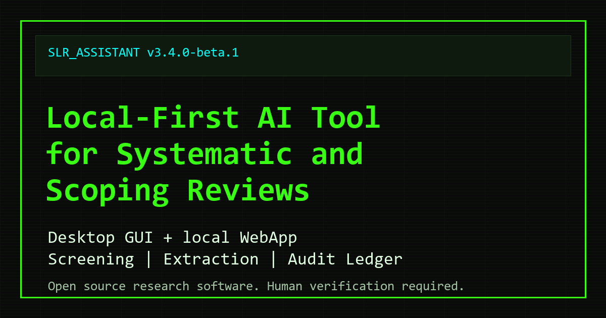 mxanisi's tweet photo. Tired of paying for web platforms just to screen a handful of papers?

Or copy-pasting PDFs into ChatGPT and losing track of prompts, decisions, and inclusion criteria?

I built an open-source, local-first tool for AI-assisted systematic &amp; scoping reviews:
#AcademicTwitter https://t.co/HlIVyG6nTO