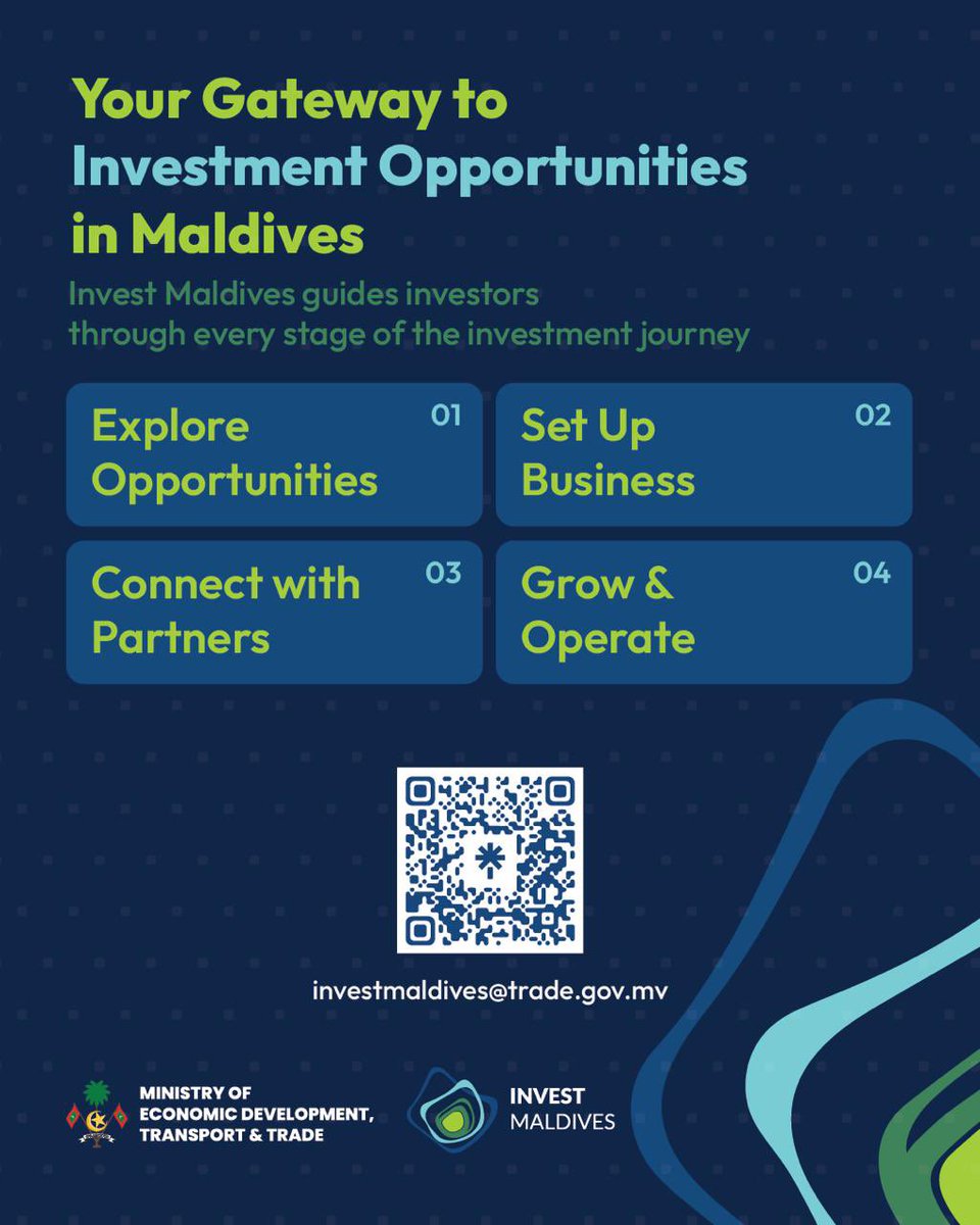 MoEDmv's tweet photo. Invest with confidence. 

@InvestMv serves as the national investment promotion agency, providing guidance, facilitation and support for investors looking to do business in the Maldives.

#InvestMaldives #MoEDTTmv https://t.co/iP8yRQPkbI