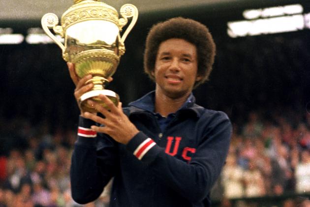 ThisDayInTennis's tweet photo. July 5, 1975 – Thirty-one-year-old Arthur Ashe wins Wimbledon for the first time, becoming the first black man to win the men’s singles title at the All England Club, defeating Jimmy Connors 6-1, 6-1, 5-7, 6-4 in a shock upset. https://t.co/tgYXeHgKQw