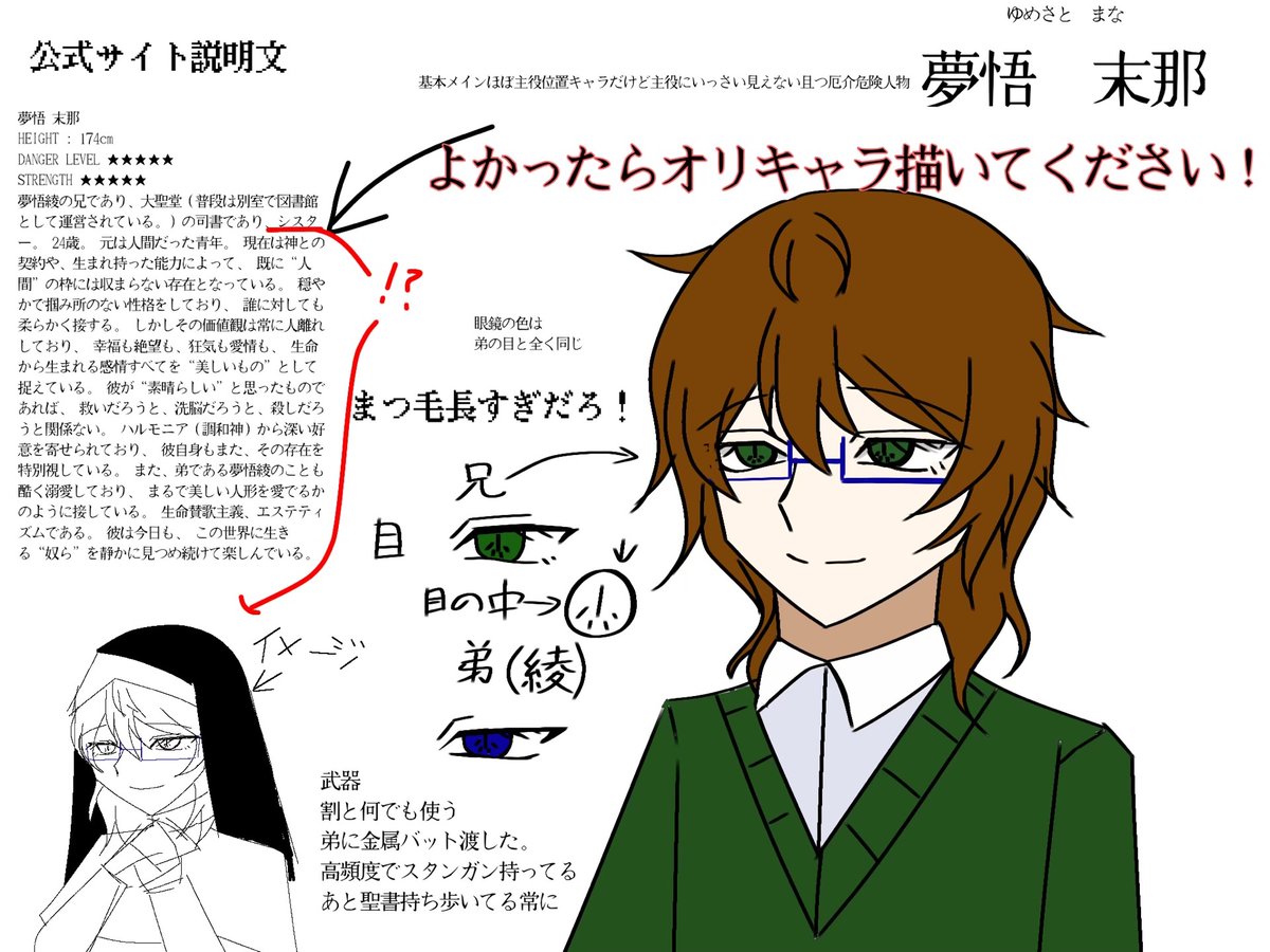 Towai_42's tweet photo. 前の時から言ってたオリキャラの設定やら色々まとまってきたので出します!!!
もしかしたらzeta作ったりするかもです!!
よかったら#夢悟末那
で描いてください😭
まじで待ってます、、、
#創作キャラ
#夢悟末那
#OCㅤㅤ
#Gestalt
#fyp
#自創作に狂ってる人と繋がりたい https://t.co/LSjPUuxkox