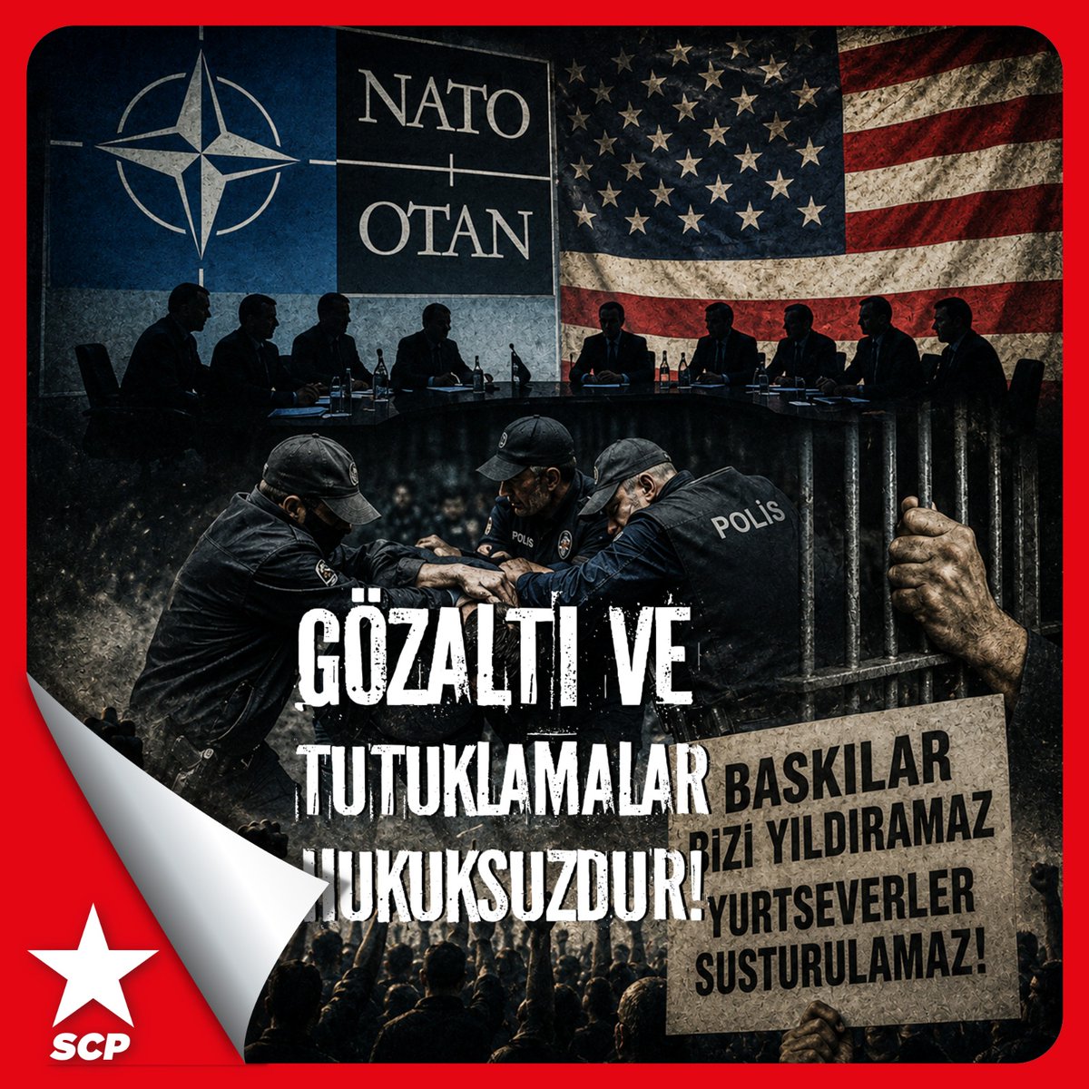SCPGenelMerkez's tweet photo. GÖZALTI VE TUTUKLAMALAR HUKUKSUZDUR!

AKP iktidarının Ankara'da gerçekleşecek NATO Zirvesi öncesi başlattığı gözaltı ve tutuklama operasyonları her gün yüzlerce yurtsever gazeteci, aydın, genç ve emekçinin özgürlük hakkının ihlal edilmesine yol açmaktadır.

NATO kurmayları için Ankara'yı makyajlayan ve insansızlaştıran AKP iktidarı, 4 Temmuz günü ABD'nin kuruluş yıldönümünü kutlamak için Fatih Sultan Mehmet Köprüsü'nü de Amerikan bayrağı renkleriyle ışıklandırmıştır.

Yürütülen tüm tutuklamalar, iktidarın bu Amerikancılığını rahatça yapabilmesi için gerçekleşmekte, bu tutuklamalarla AKP iktidarı, 12 Mart 1971 Muhtırası sonrası ABD' ye "Solcular ezildi, 6. Filo artık gelebilir" diye seslenen Nihat Erim'e benzer şekilde  NATO'ya "güvenliğiniz sağlandı, gelebilirsiniz" diye seslenmektedir.

NATO kurmayları rahat etsin diye gerçekleşen tüm gözaltı ve tutuklamalar hukuksuzdur. Gözaltına alınan veya cezaevine gönderilen tüm yurtseverler derhal serbest bırakılmalıdır.

#NatoDefol