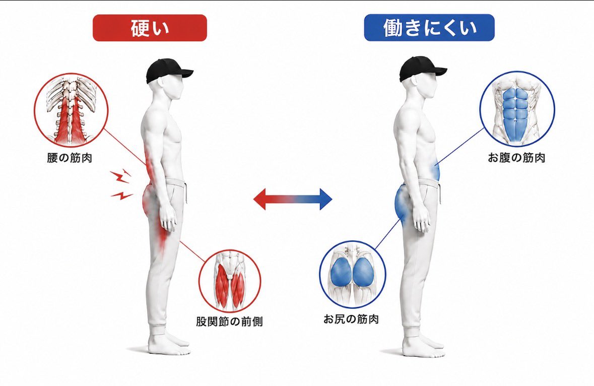 kurocap_'s tweet photo. 反り腰は「前後の筋肉の綱引きが崩れた状態」という表現、めちゃくちゃ分かりやすいです。

具体的には、
・股関節の前側と腰の筋肉が硬い
・お腹とお尻の筋肉が働きにくい
という状態。

そして引用元のセルフケアは、
① 股関節の前側のストレッチ
② お尻で骨盤を動かす感覚を取り戻す
（お尻の筋トレ）
③ お辞儀の動きでもも裏を働かせる
（もも裏の筋トレ）

①で股関節前側を緩めて、②,③で大臀筋やハムストリングスの筋トレという流れ。
（骨盤をニュートラルな位置に戻して、安定化させてくれる筋群のトレーニング）

さらに効果を高めるなら、

④ 硬くなった腰まわりの筋肉を和らげるキャット&カウ

⑤お腹のインナー・アウターを同時に鍛えるスプリンター運動
→通常の腹筋と比べて反り腰改善に効果的との研究報告あり。

これで綱引きの対象となっている筋肉を網羅的にカバーできるかと思います。

反り腰、ぽっこりお腹でお悩みの方は、引用元の記事と併せてぜひやってみてください💡