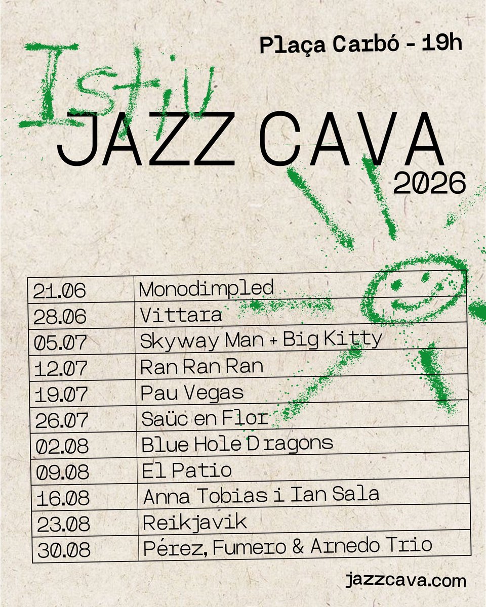 jazzcava's tweet photo. Programació de la Jazz Cava d’Istiu! 
Us esperem tots els diumenges, a les 19:00h a la plaça del Carbó. Tots els concerts gratuits! https://t.co/XJj4QqQ1cL
