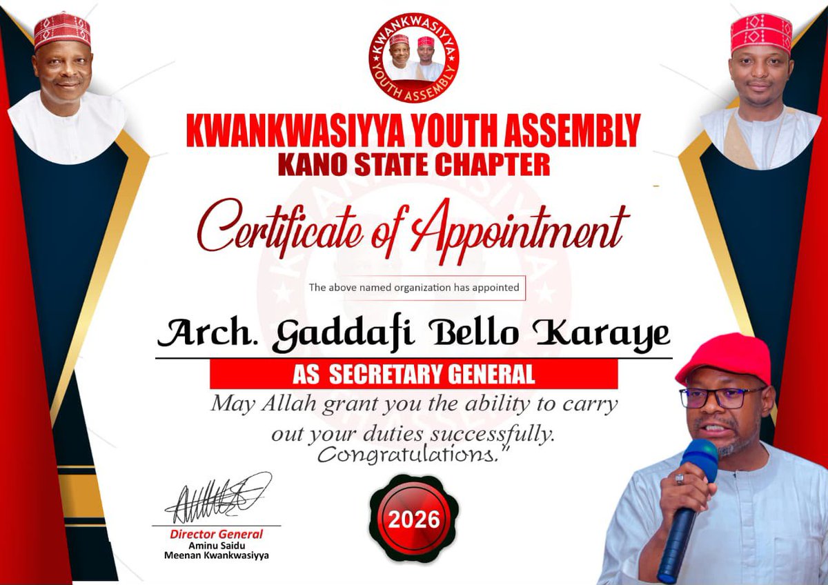 Hamza_st0's tweet photo. DA DUMI-DUMI…

Kungiyar Kwankwasiyya Youth Assembly ta Jahar Kano, karkashin shugabancin Alh. Aminu Saidu (Meenan Kwankwasiyya) ta mika Takardar Shedar kama aiki ga Sakataren Kungiyar ta Kwankwasiyya Youth Assembly na Jahar Kano Arch. Gaddafi Bello Karaye.

Congratulations https://t.co/qPdEy56IFv