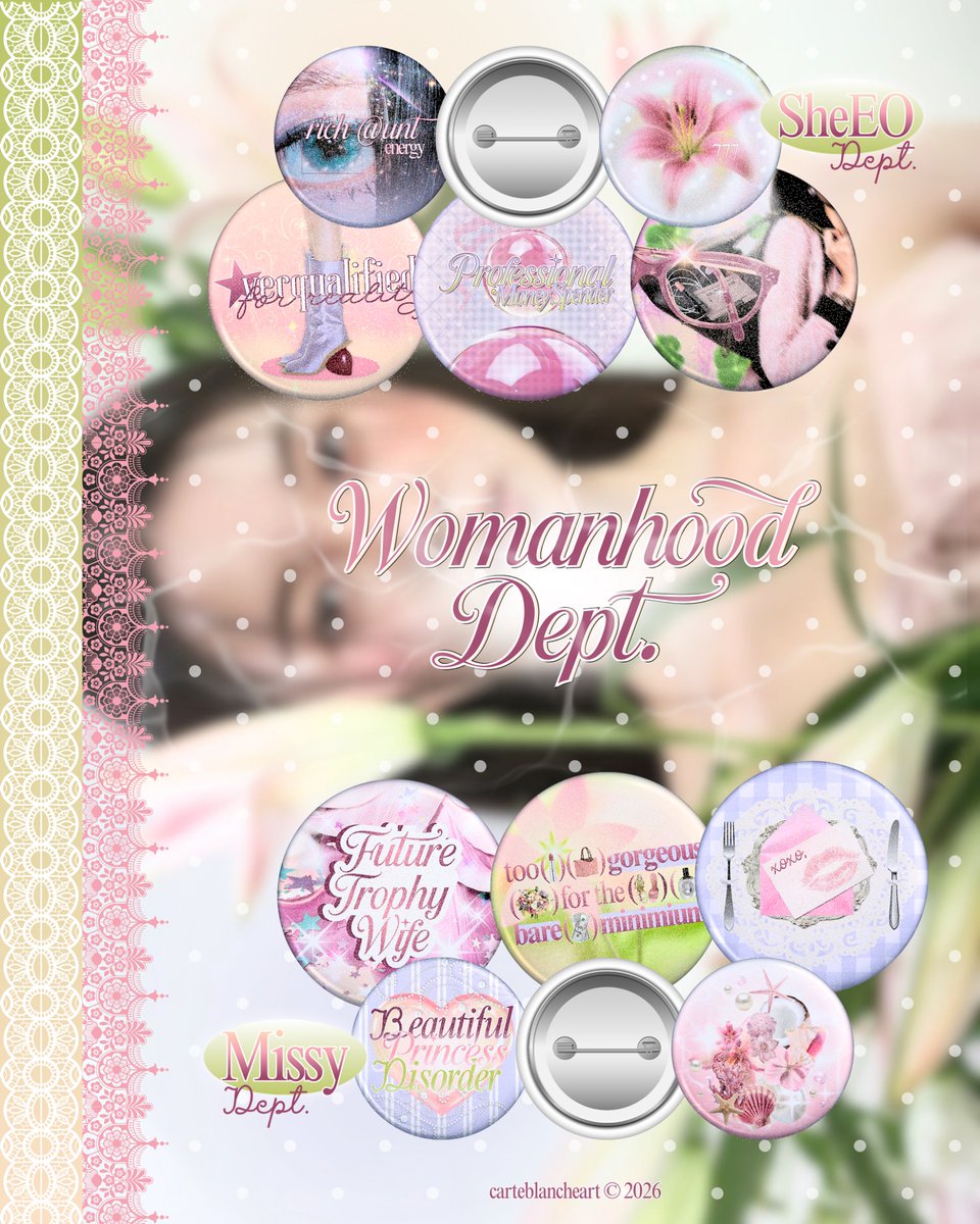 cartebIancheart's tweet photo. [💖 &amp; 🔁 are appreciated]
  
Enrollment now open, ladies 🥁🩰
. . . Welcome to Womanhood Dept. 
Button Pins by @cartebIancheart

Pre-order period 05.07 — 13.07
⋆𝜗ৎ𓍢ִ໋🌷 https://t.co/0ktgbcfb6z
Details available on the form
🌐 WW GO please DM first (must have INA address) https://t.co/XVHkZJn748
