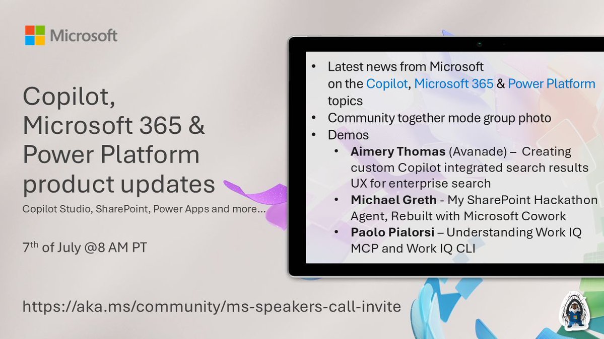 vesajuvonen's tweet photo. 📅 Agenda for the #Copilot, #Microsoft365 & #PowerPlatform product updates call 7th of July
• The latest updates ⚡
• Focus on Copilot, #SharePoint & #WorkIQ
• Presented by @aimery_thomas, @Mysharepoint & @paolopia
+more! 🚀
👋 Join the call (ICS) → https://t.co/YVhfXngsww https://t.co/ZF1r5Krals