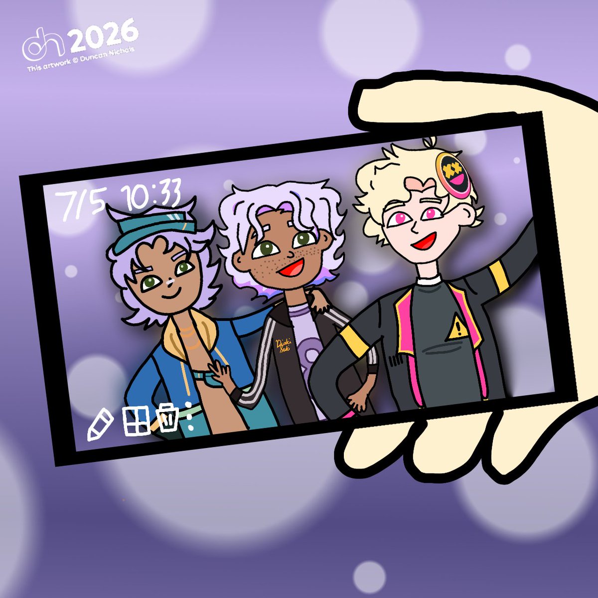DuncanNicholsDN's tweet photo. #ArtFight2026 - #TeamMystery: They're so good. Especially Ace Harvick (by mediocrity)'s look. So I put them (Ace, Diaki Suki and Kenji Zhi-Ming (both by loverkano) here in once group selfie made by Ace.
#FriendlyFire #art https://t.co/JfxnbtLvcp