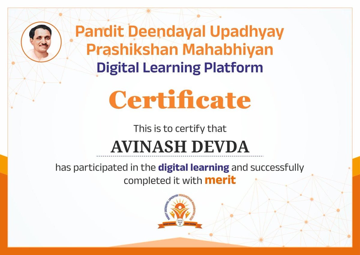 avinash_devda's tweet photo. Successfully completed the Digital Learning Module of the Pandit Deendayal Upadhyaya Prashikshan Mahabhiyan.

This learning initiative has further deepened my ideological understanding, strengthened my organizational knowledge, and renewed my commitment to serving the nation and society with dedication, guided by the philosophy of Pandit Deendayal Upadhyaya Ji.

#PanditDeendayalUpadhyaya #PrashikshanMahabhiyan #BJP4Telangana

@N_RamchanderRao @chshekharbjp