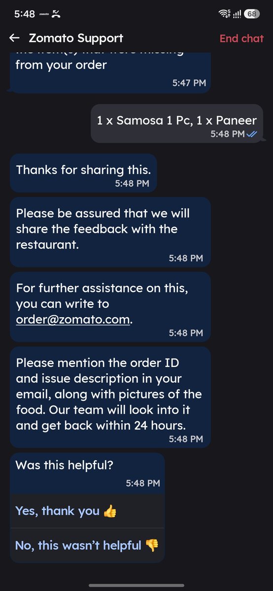 shahh04's tweet photo. @zomatocare @zomato 
This is really frustrating. My order has missing items, and all I receive is a generic "Thanks for sharing" response. Shouldn't you be taking action to resolve the missing items instead of sending automated replies? https://t.co/1T6lbKkLy2