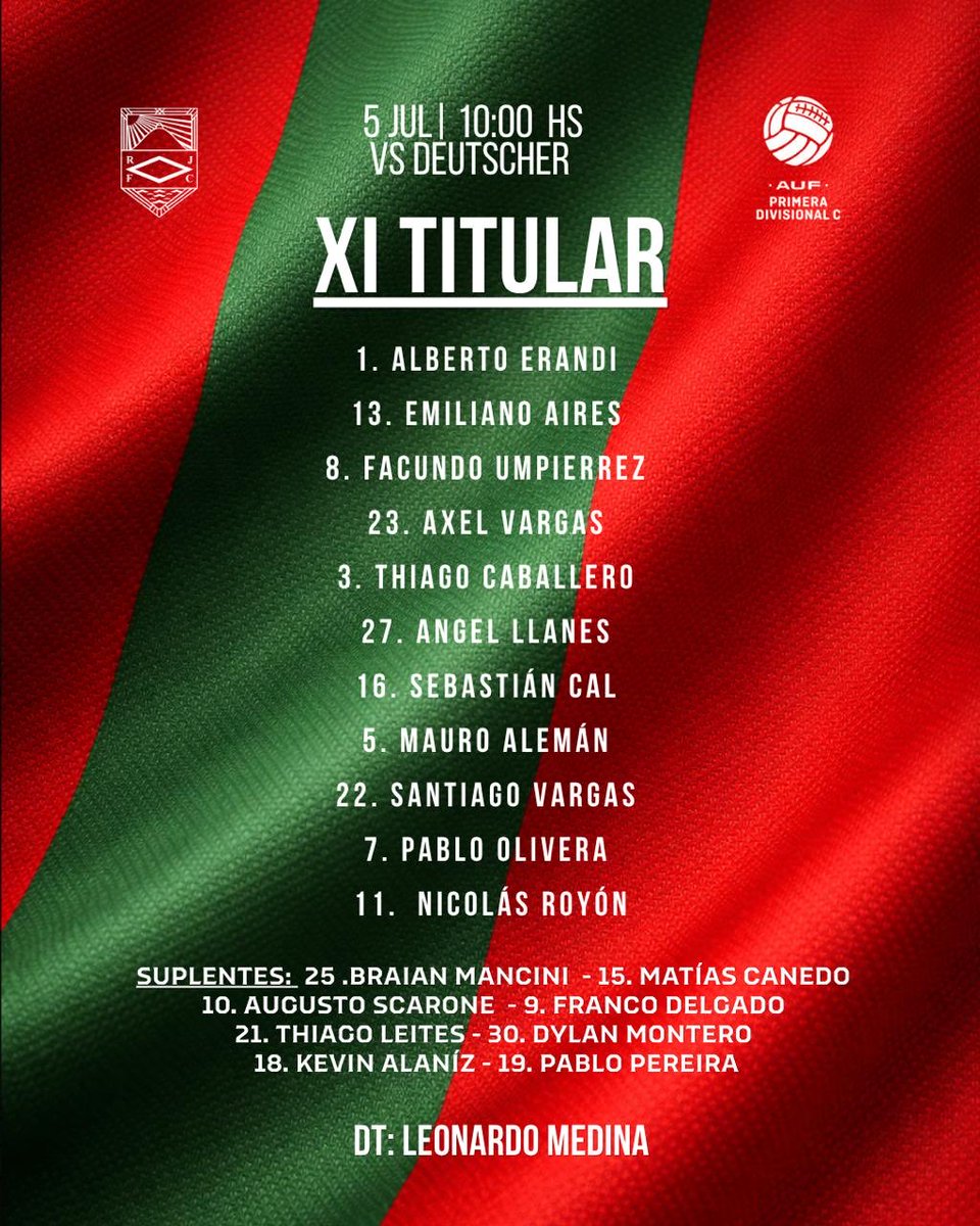 RamplaJuniorsFC's tweet photo. 🔴🟢 EL 11 PICAPIEDRA | SEMI FINAL

Este es el 11 titular que pone Leo Medina para enfrentar a Deutscher en la Semifinal del Torneo Inicial.

Con trabajo, compromiso y todo un barrio empujando atrás, Rampla va en busca de la final.

¡Vamos Picapiedra! 🔴🟢 https://t.co/0SAr1hg0WR